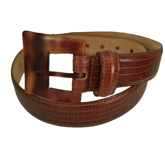 Jennifer Graham Brown Leather Reptile Lizard Print Faux Tortoise Buckle, Size L - Picture 1 of 11